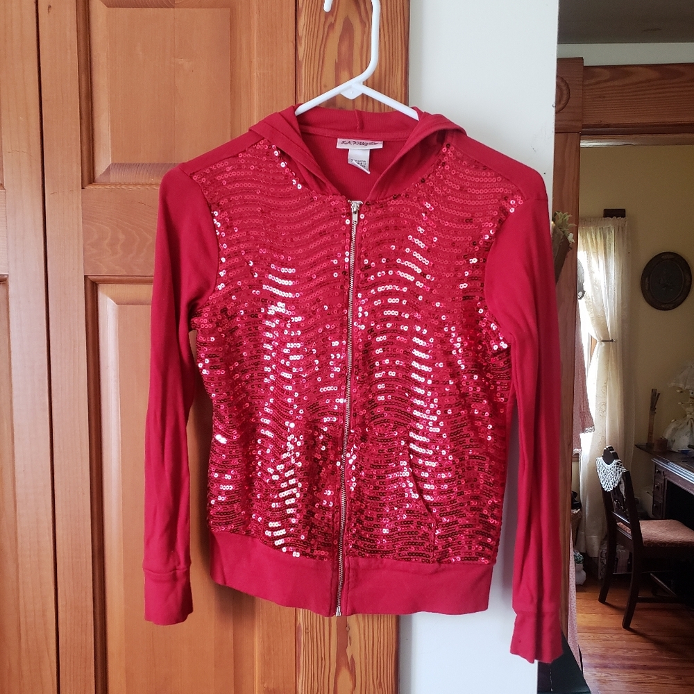 Girls L.A. Kitty Large 10/12 Red Sequin Zip-Up Hooded Jacket W Pockets
